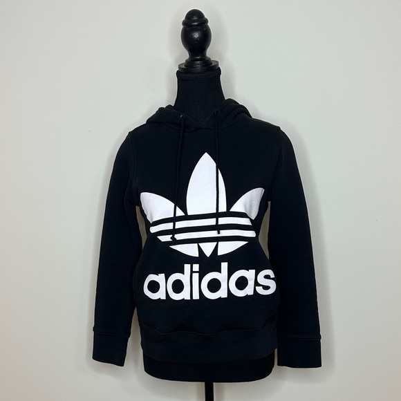 adidas Tops - [WOMEN] ADIDAS Black & White Hoodie 2XS | Classic Logo Streetwear Like New